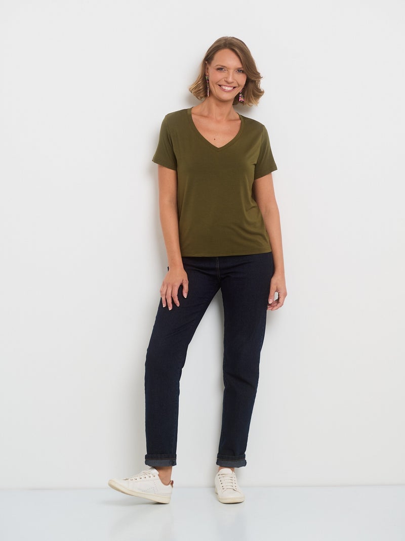 T-shirt fluide col V manches courtes Kaki - Kiabi