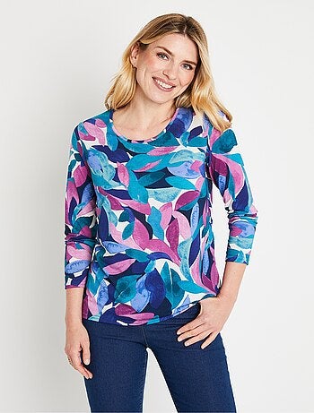 T-shirt fluide court imprimé floral col rond