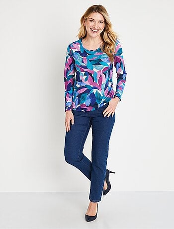 T-shirt fluide court imprimé floral col rond