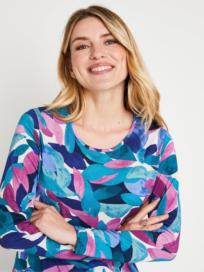 T-shirt fluide court imprimé floral col rond Bleu Rose - Kiabi