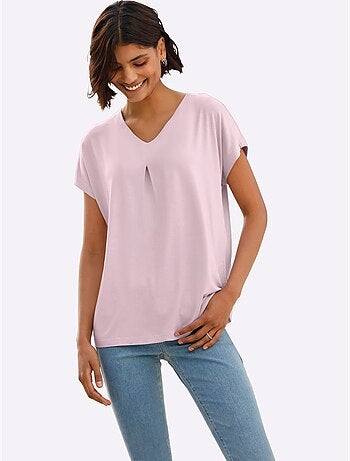 T-shirt fluide en viscose avec col V et mancherons - Taille standard - Moda Vilona