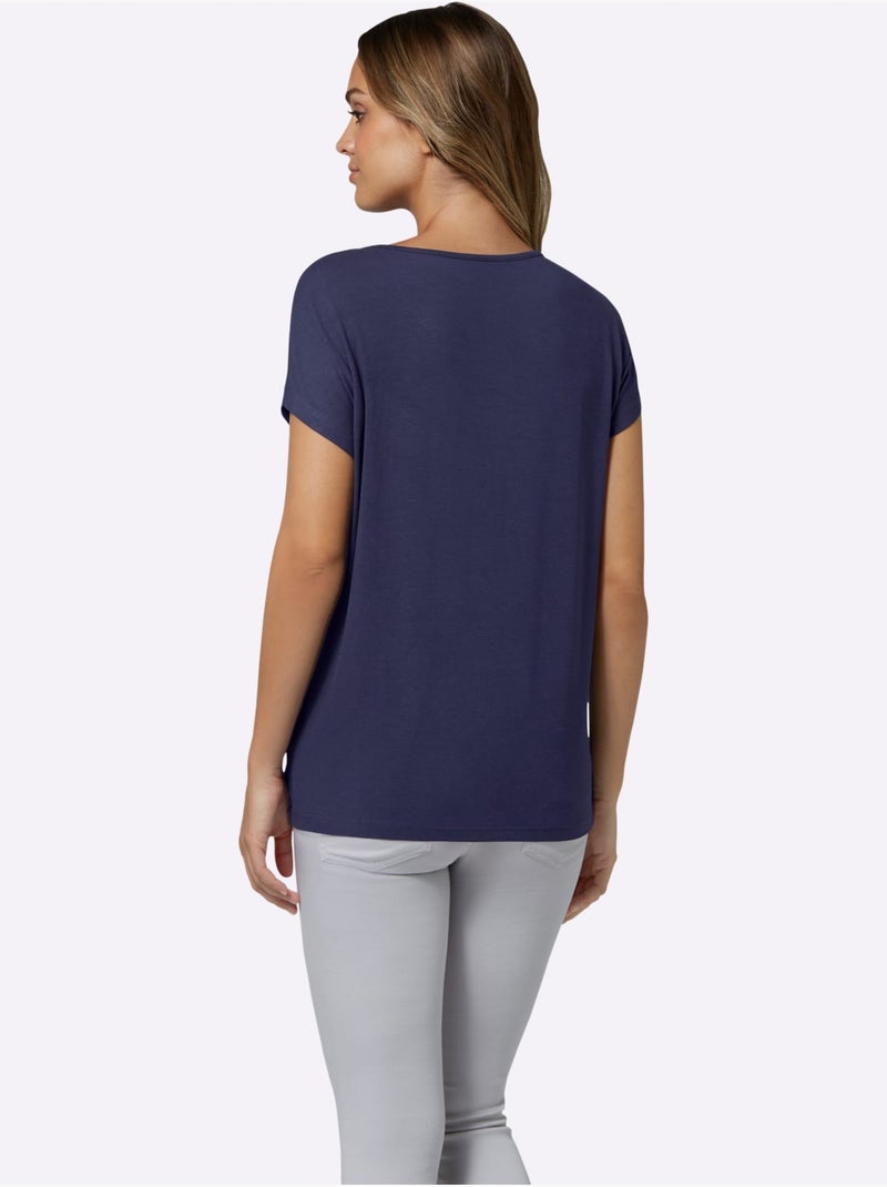 T-shirt fluide en viscose avec col V et mancherons - Taille standard - Moda Vilona Bleu nuit - Kiabi