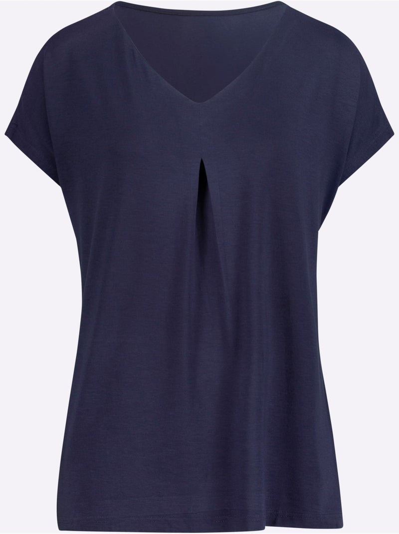 T-shirt fluide en viscose avec col V et mancherons - Taille standard - Moda Vilona Bleu nuit - Kiabi