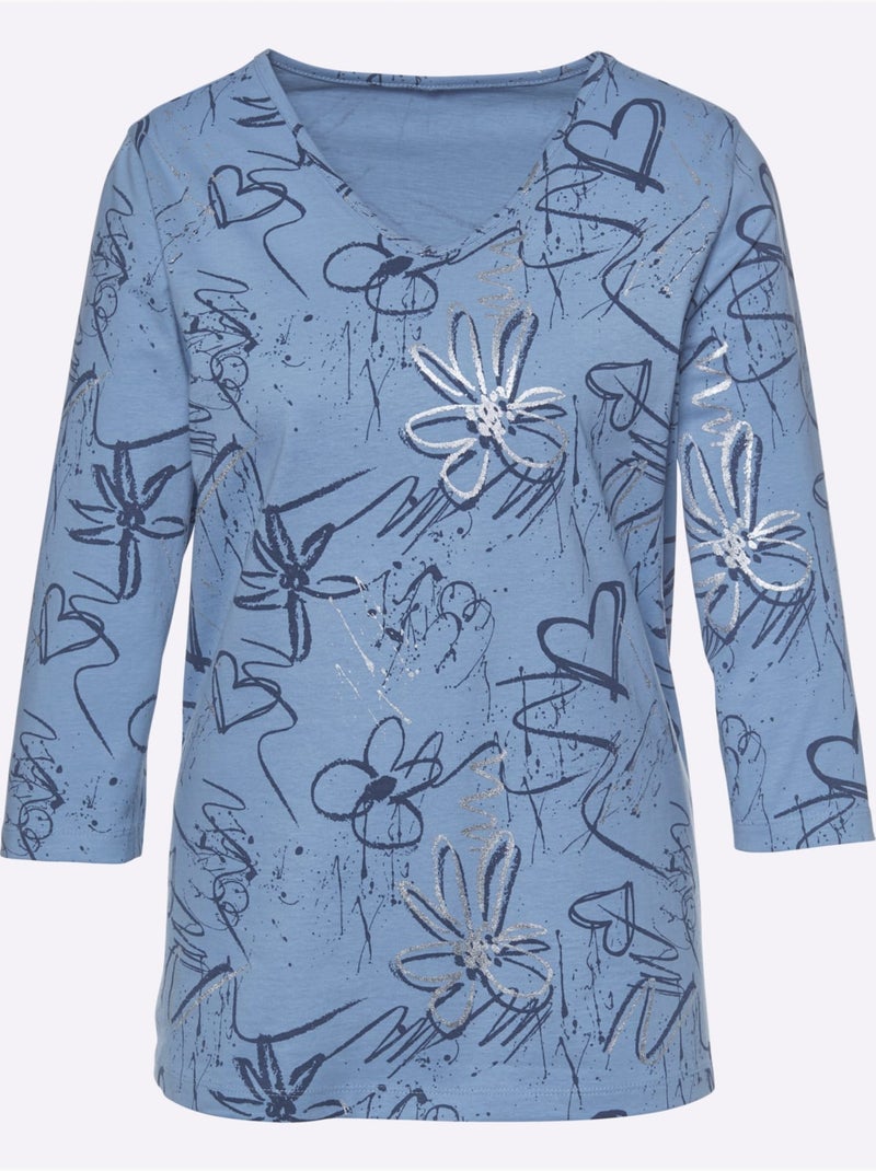 T-shirt fluide encolure v avec imprimé floral et argenté - taille standard - moda vilona Bleu - Kiabi