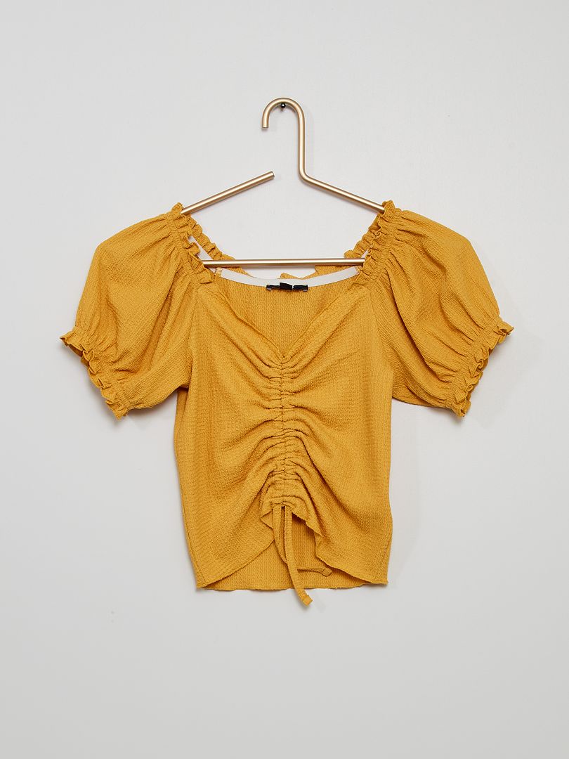 T-shirt froncé en maille gaufrée jaune - Kiabi