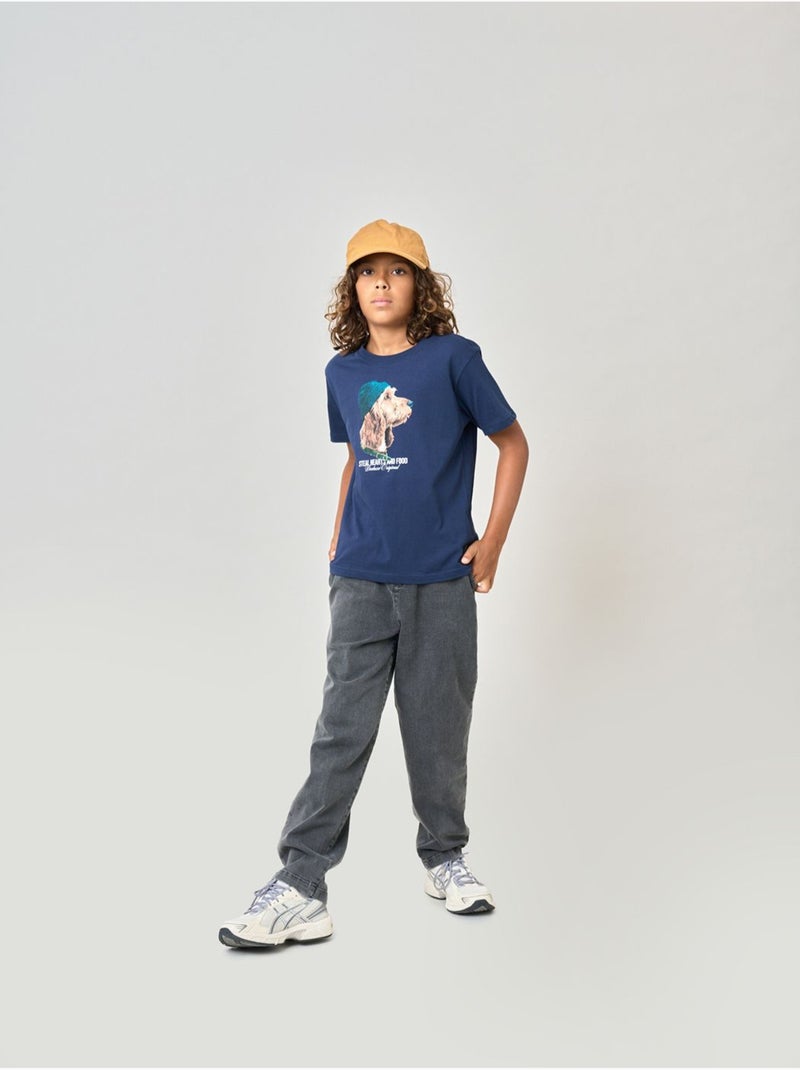 T-shirt garçon en 100% coton jersey imprimé chien stylisé  'deeluxe' Bleu marine - Kiabi