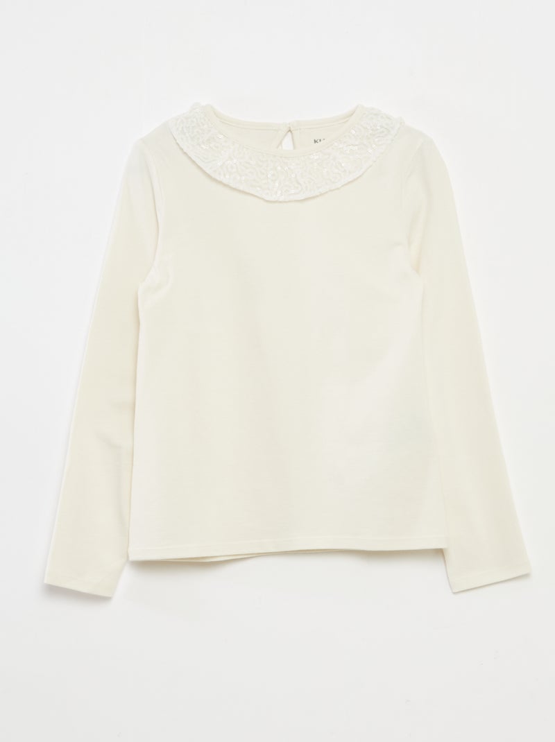 T-shirt grand col volanté avec sequins uni Blanc - Kiabi