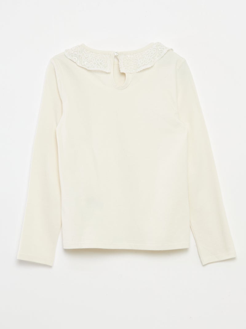 T-shirt grand col volanté avec sequins uni Blanc - Kiabi