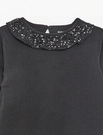 T-shirt grand col volanté avec sequins uni