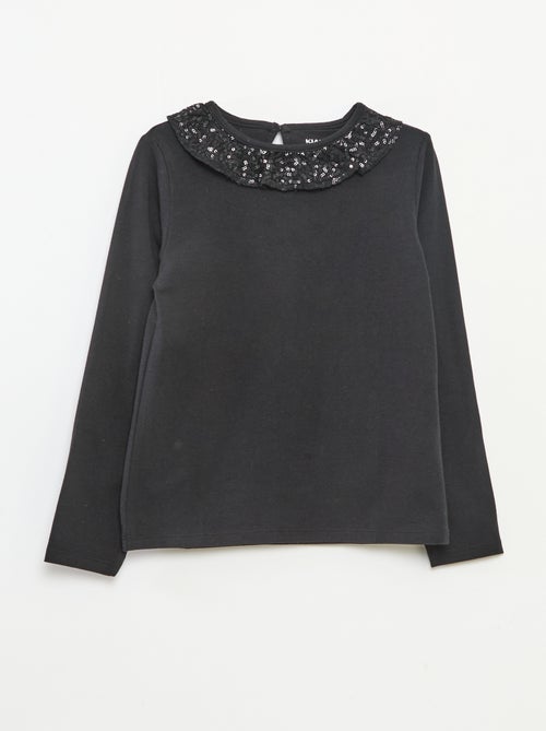 T-shirt grand col volanté avec sequins uni - Kiabi