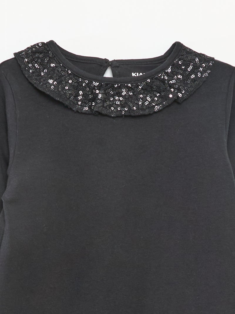 T-shirt grand col volanté avec sequins uni Noir - Kiabi