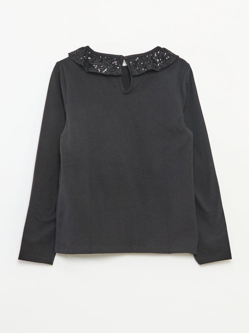 T-shirt grand col volanté avec sequins uni - Kiabi