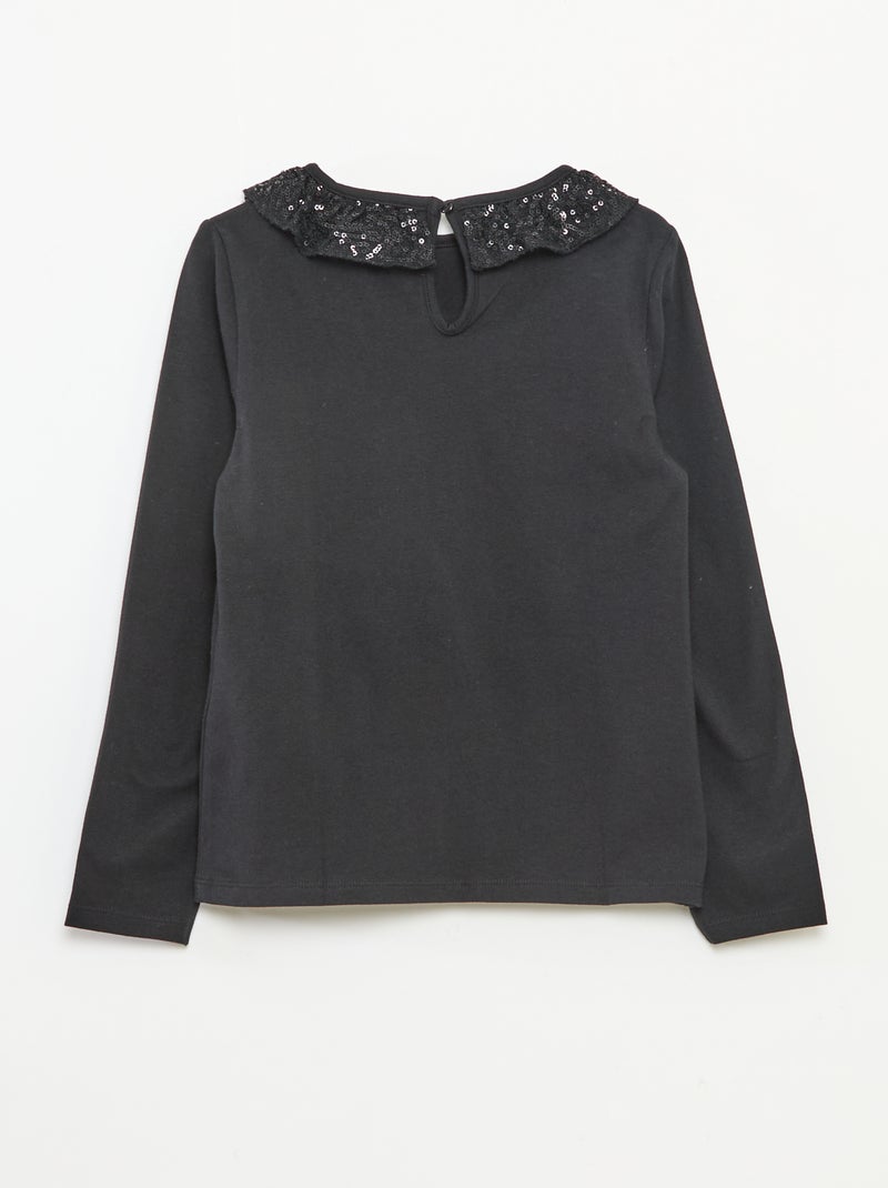 T-shirt grand col volanté avec sequins uni Noir - Kiabi