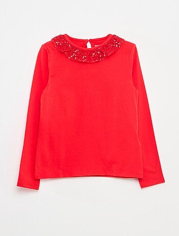 T-shirt grand col volanté avec sequins uni