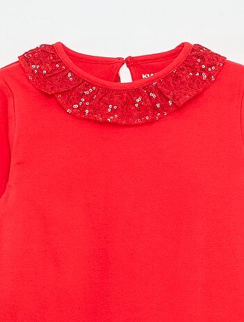 T-shirt grand col volanté avec sequins uni