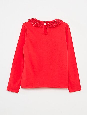 T-shirt grand col volanté avec sequins uni
