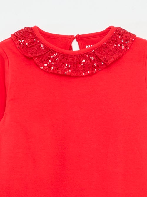 T-shirt grand col volanté avec sequins uni - Kiabi