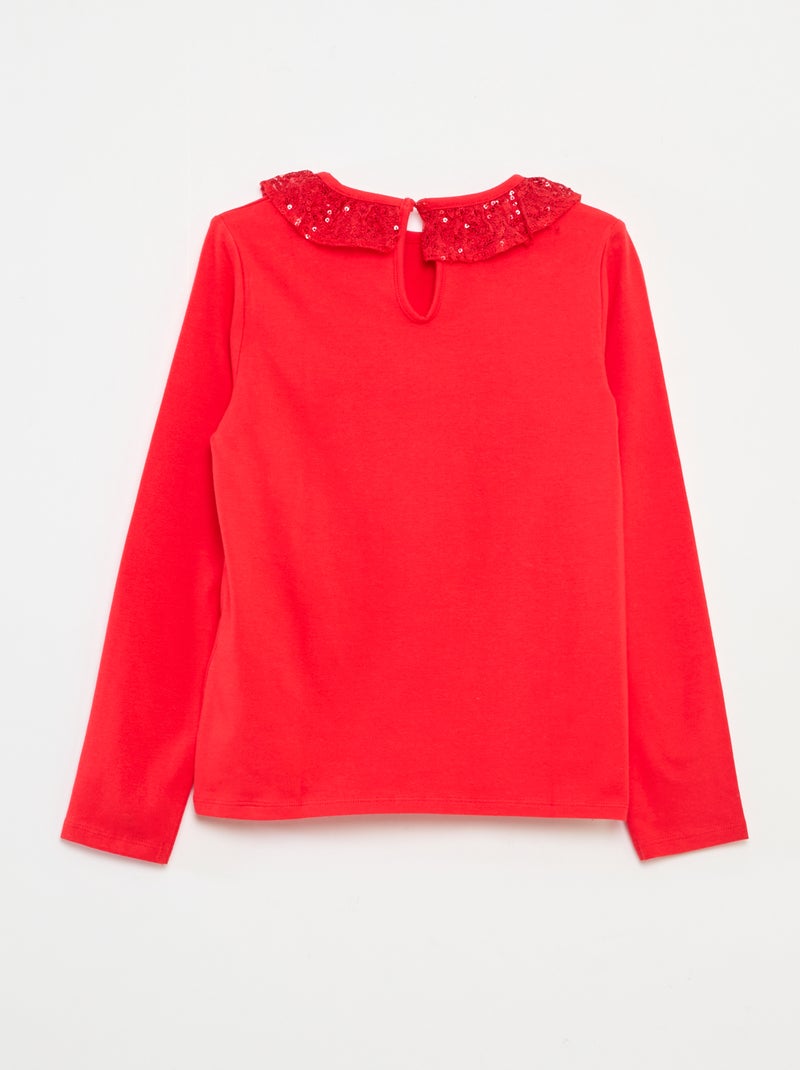 T-shirt grand col volanté avec sequins uni Rouge - Kiabi
