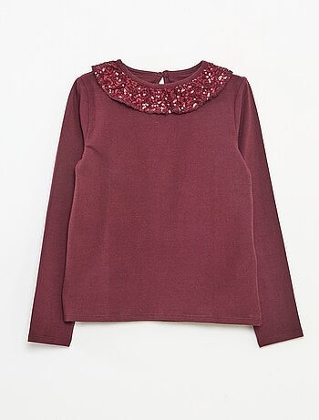 T-shirt grand col volanté avec sequins uni