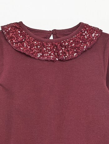 T-shirt grand col volanté avec sequins uni