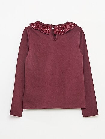 T-shirt grand col volanté avec sequins uni