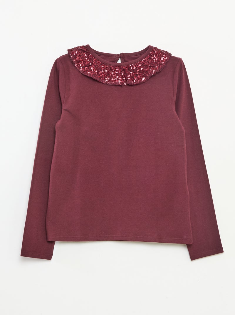 T-shirt grand col volanté avec sequins uni Rouge - Kiabi