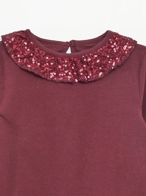 T-shirt grand col volanté avec sequins uni - Kiabi