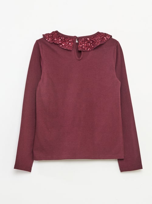 T-shirt grand col volanté avec sequins uni - Kiabi