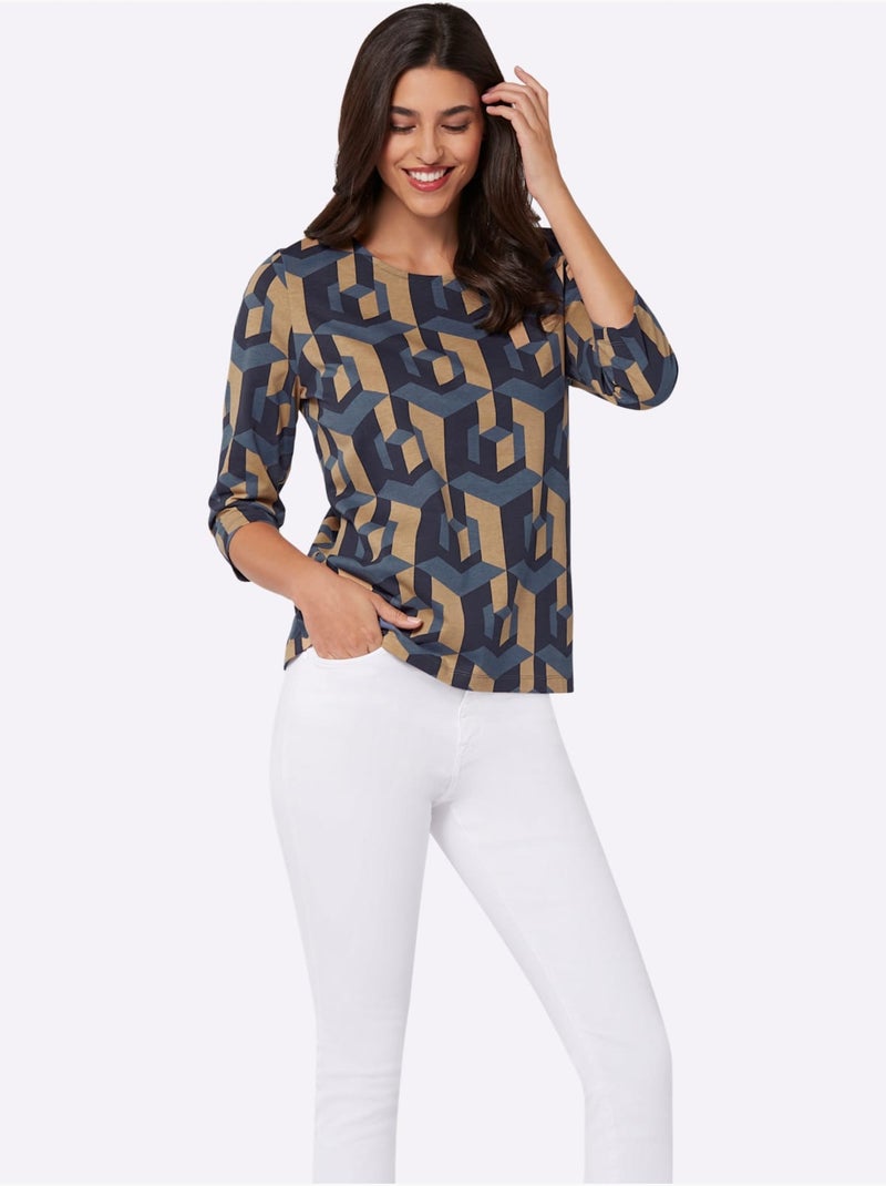 T-shirt graphique à manches 3/4 avec motif géométrique - taille standard - moda vilona Bleu Jaune - Kiabi