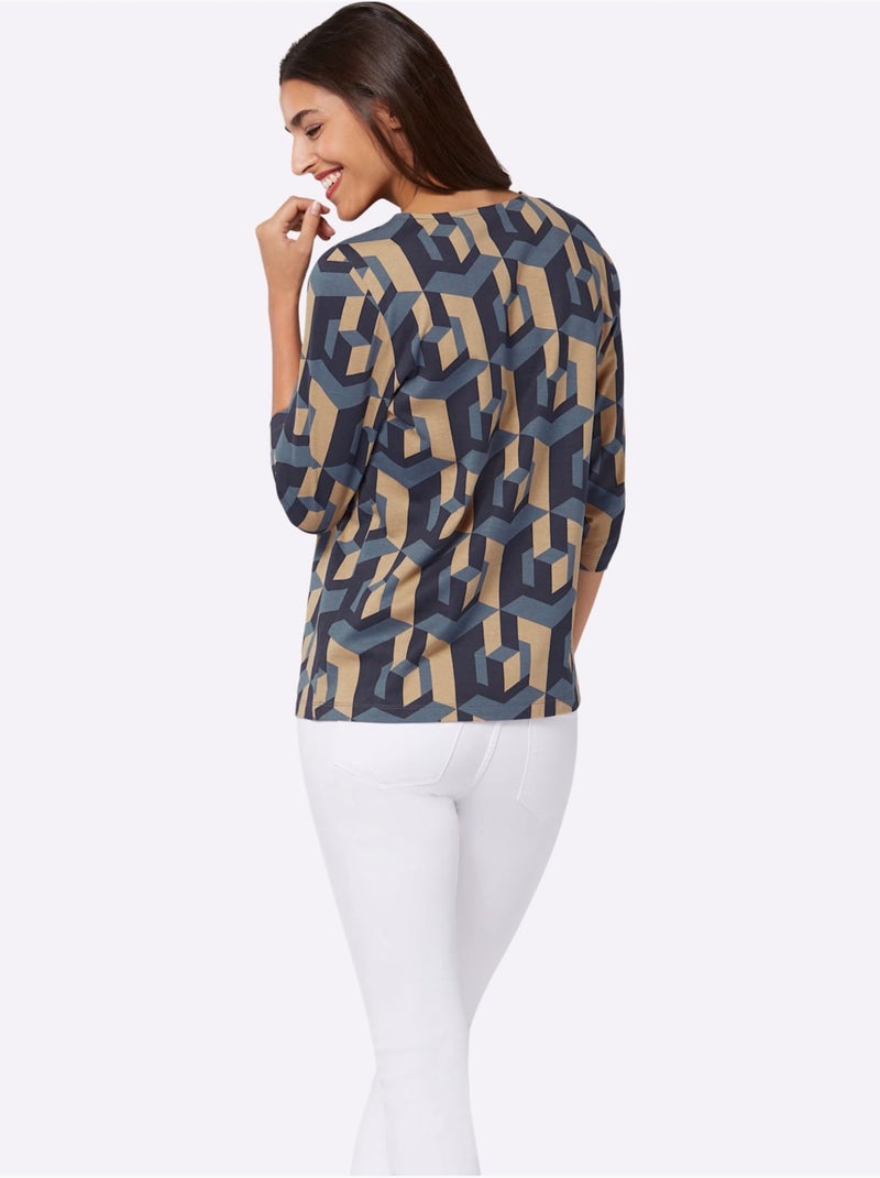 T-shirt graphique à manches 3/4 avec motif géométrique - taille standard - moda vilona Bleu Jaune - Kiabi