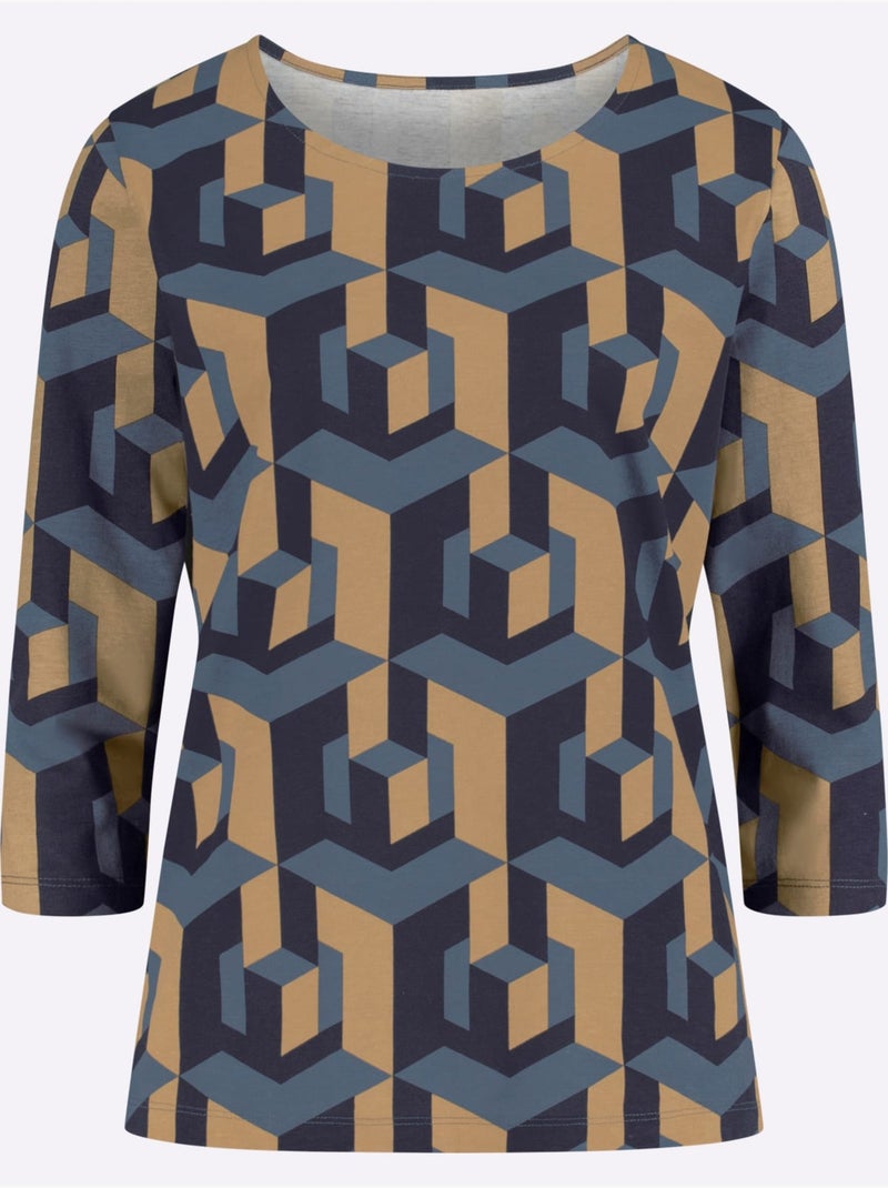 T-shirt graphique à manches 3/4 avec motif géométrique - taille standard - moda vilona Bleu Jaune - Kiabi