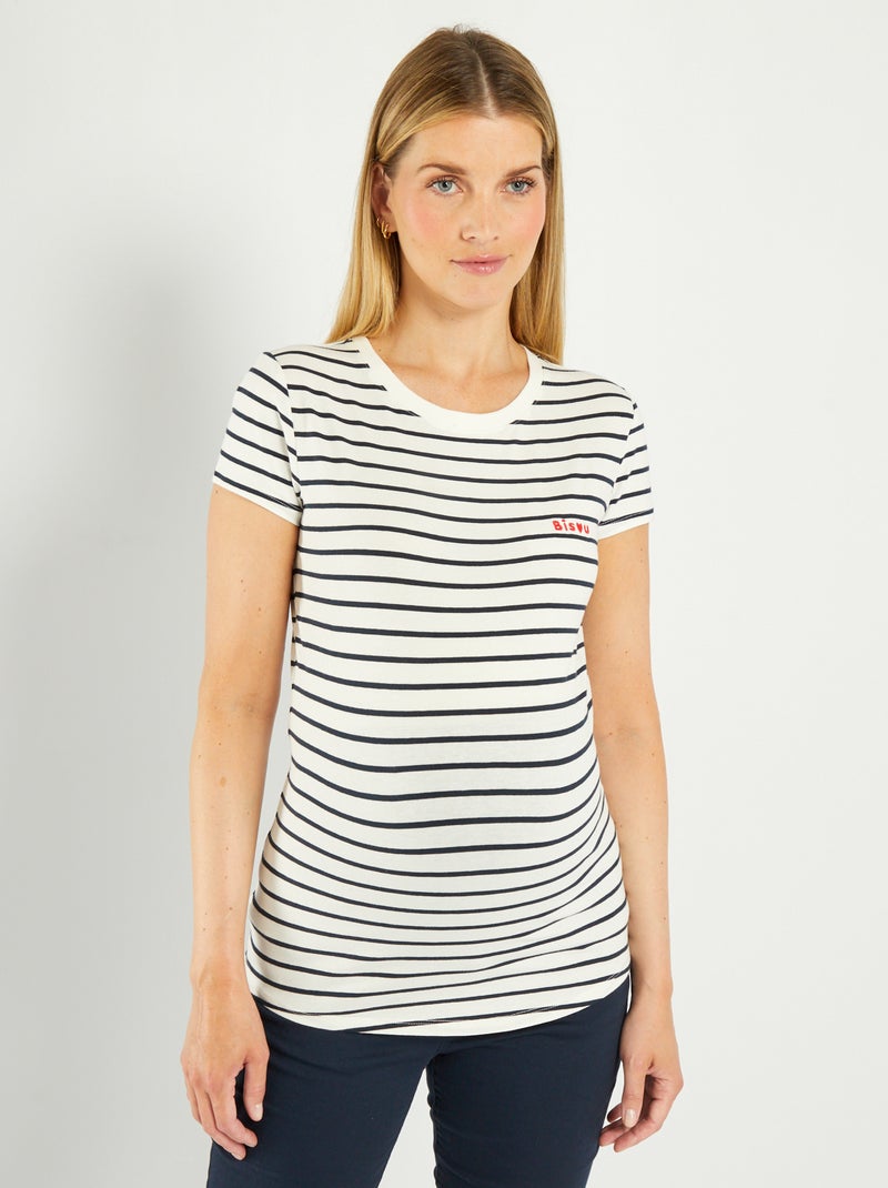 T-shirt grossesse rayé avec broderie Blanc - Kiabi