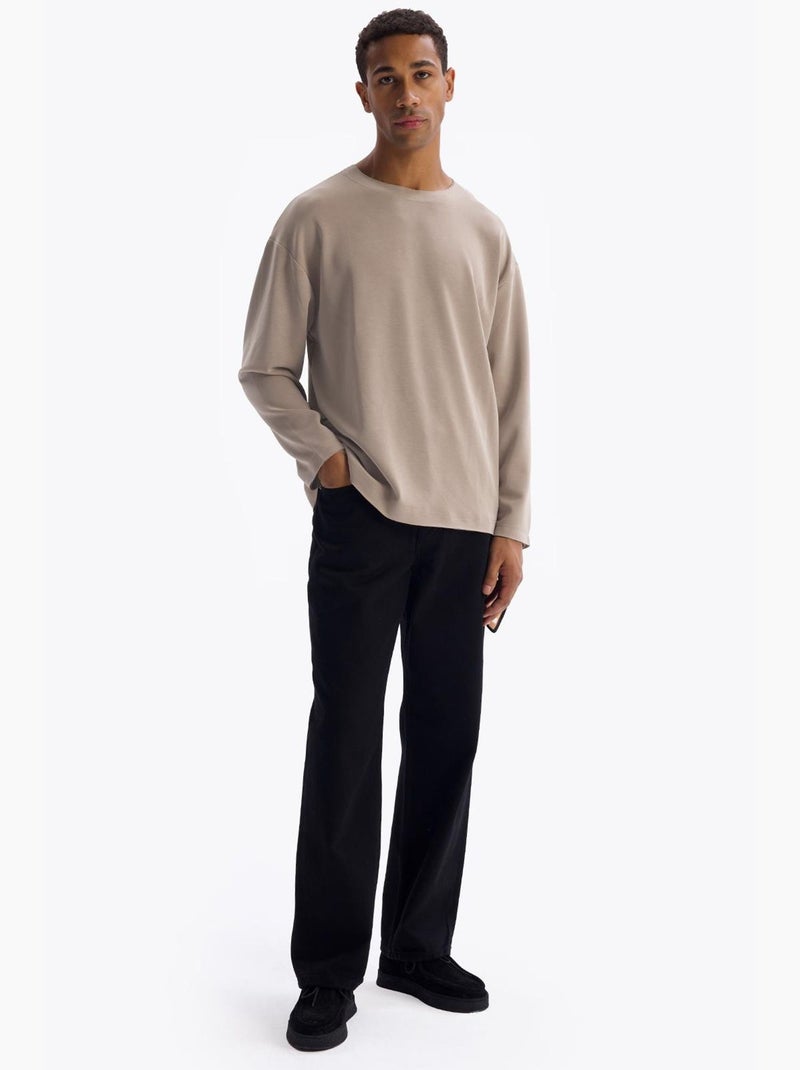 T-shirt homme à manches longues, col rond, coupe décontractée giesto Sable - Kiabi