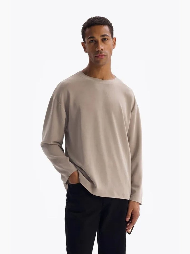 T-shirt homme à manches longues, col rond, coupe décontractée giesto Sable - Kiabi