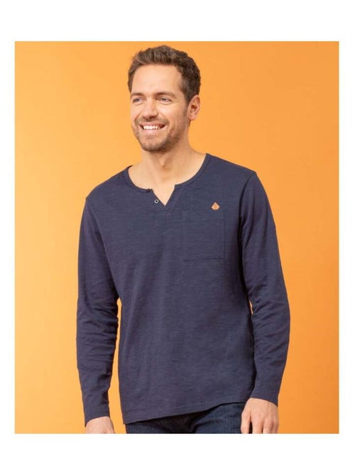 T-shirt Homme bleu marine manches longues col tunisien - Kiabi
