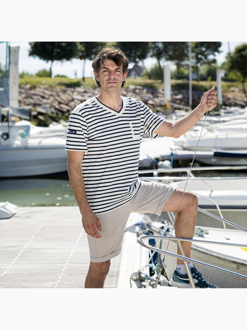 T-Shirt Homme Col V Rayé 'Breizh Océan', Tee Shirt Coton léger Blanc/Azur - Kiabi
