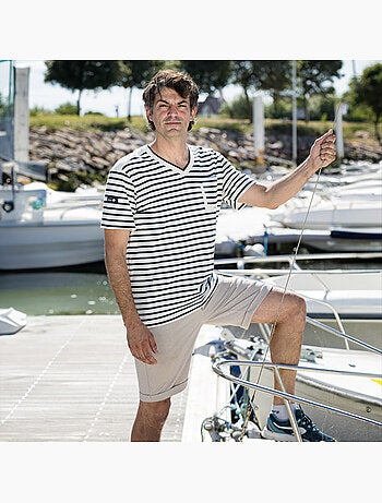 T-Shirt Homme Col V Rayé 'Breizh Océan', Tee Shirt Coton léger