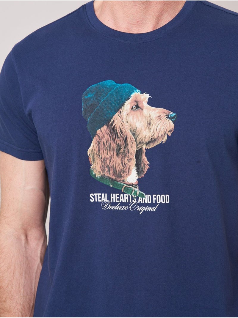 T-shirt homme en 100% coton jersey imprimé chien stylisé 'deeluxe' Bleu marine - Kiabi
