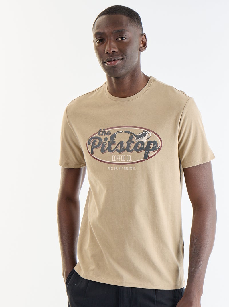 T-shirt homme en coton à col rond avec motif placé Beige - Kiabi