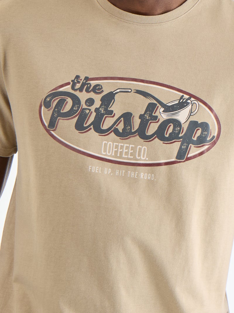 T-shirt homme en coton à col rond avec motif placé Beige - Kiabi