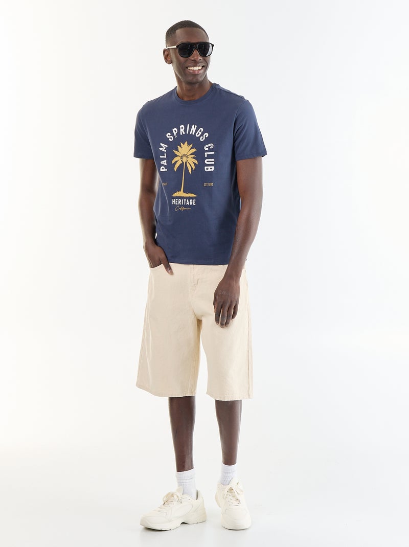 T-shirt homme en coton à col rond avec motif placé Bleu - Kiabi