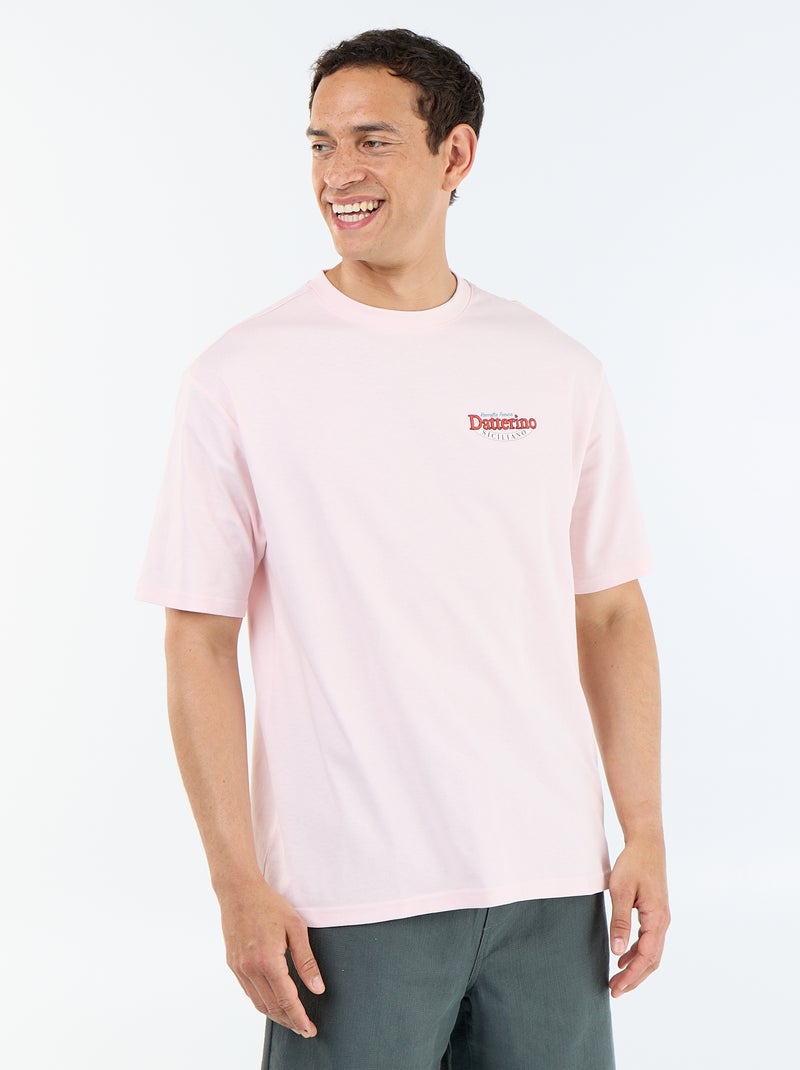 T-shirt homme en coton à col rond avec motif placé Rose - Kiabi