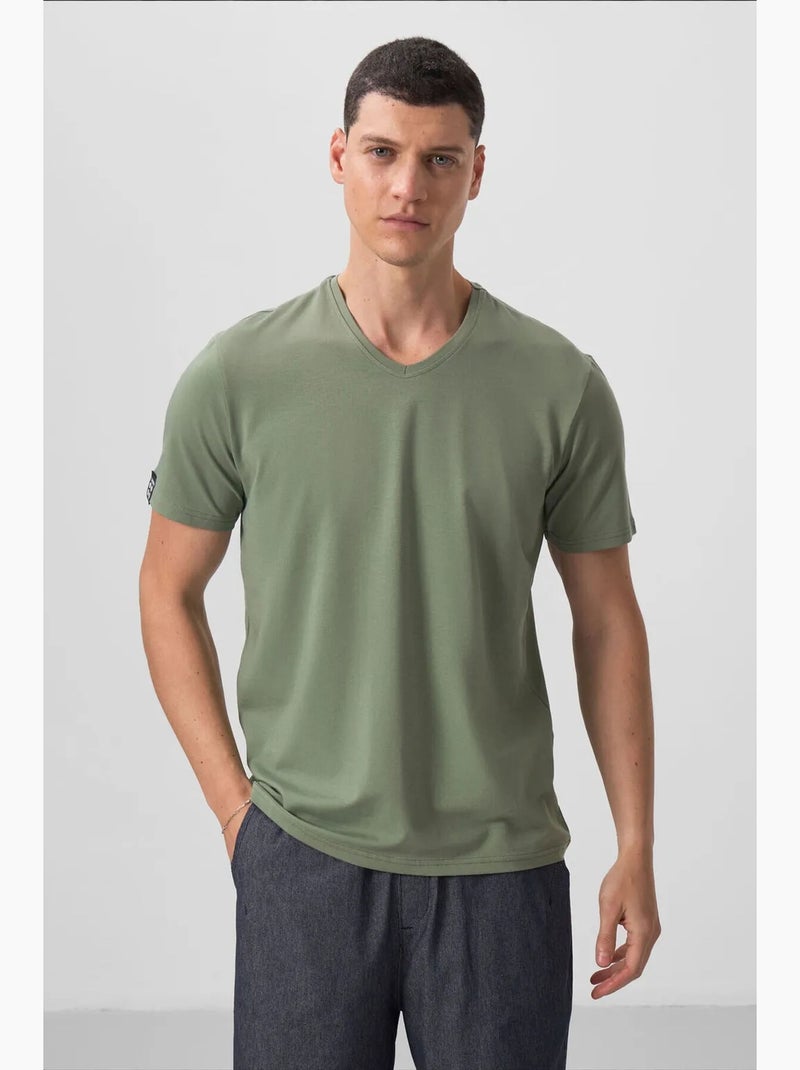 T-shirt homme en coton et élasthanne à col v tommy Kaki - Kiabi