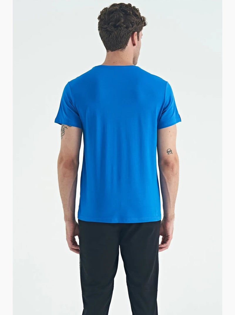 T-shirt homme en coton et élasthanne, col rond tommy Bleu cobalt - Kiabi
