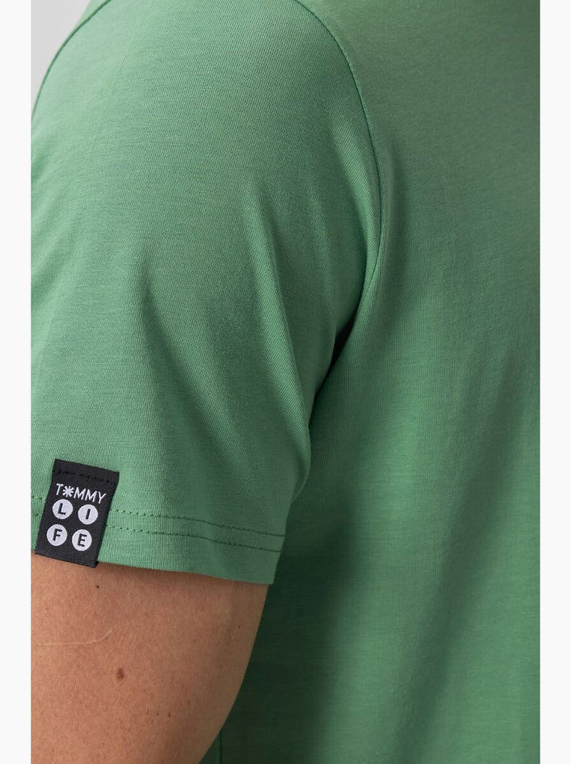 T-shirt homme en coton et élasthanne, col rond tommy Vert bouteille - Kiabi