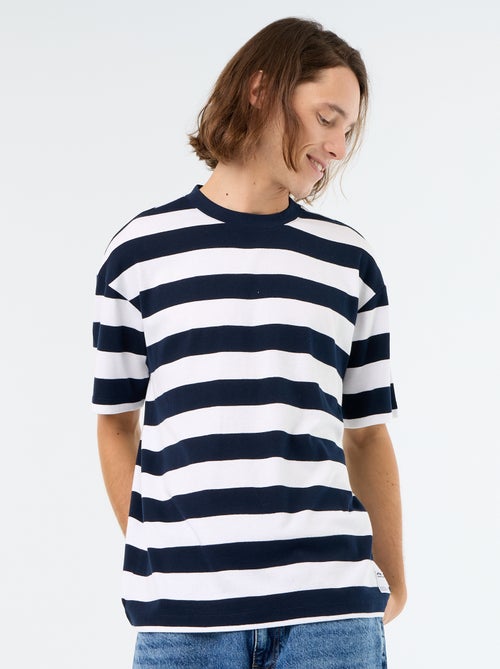 T-shirt homme en coton rayé à col rond - Kiabi