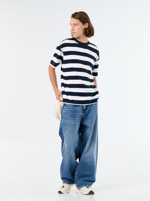 T-shirt homme en coton rayé à col rond - Kiabi