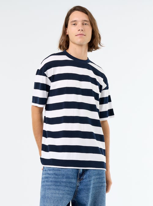 T-shirt homme en coton rayé à col rond - Kiabi