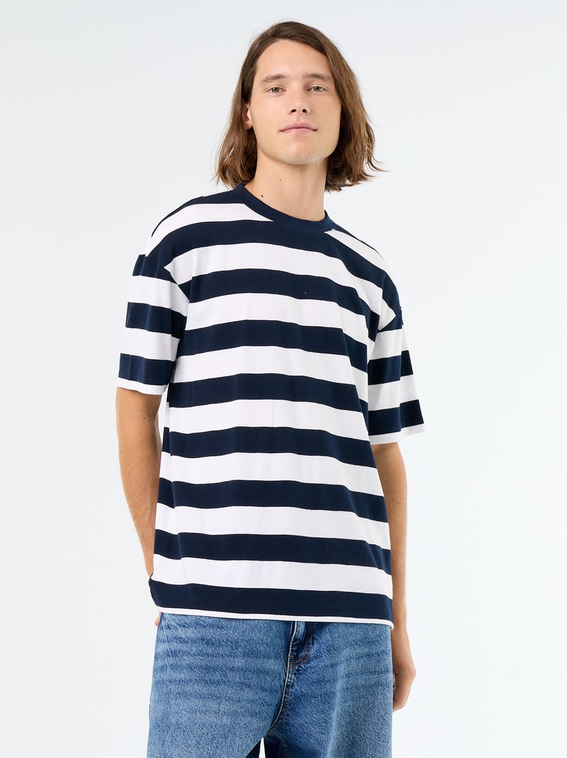 T-shirt homme en coton rayé à col rond Bleu - Kiabi