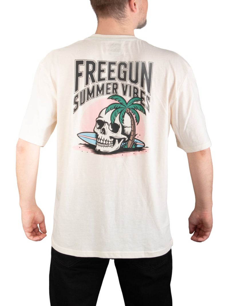 T-shirt homme en jersey 140GSM imprimé devant et dos Vibes Freegun Beige - Kiabi